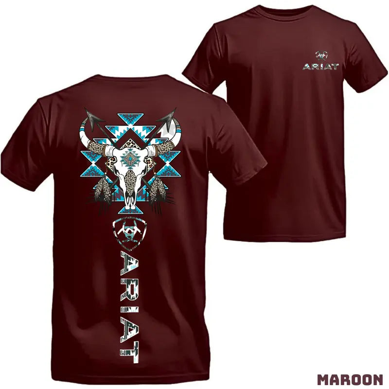 Ariat Western Tribal Bull Skull T-Shirt – Turquoise Accents, Soft Cotton, Relaxed Fit Rodeo Style Tee for Cowboy Lovers
