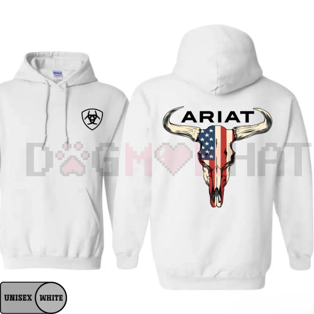 Ariat-Inspired American Flag Bull Skull Hoodie – Unisex Western Cowboy Pullover