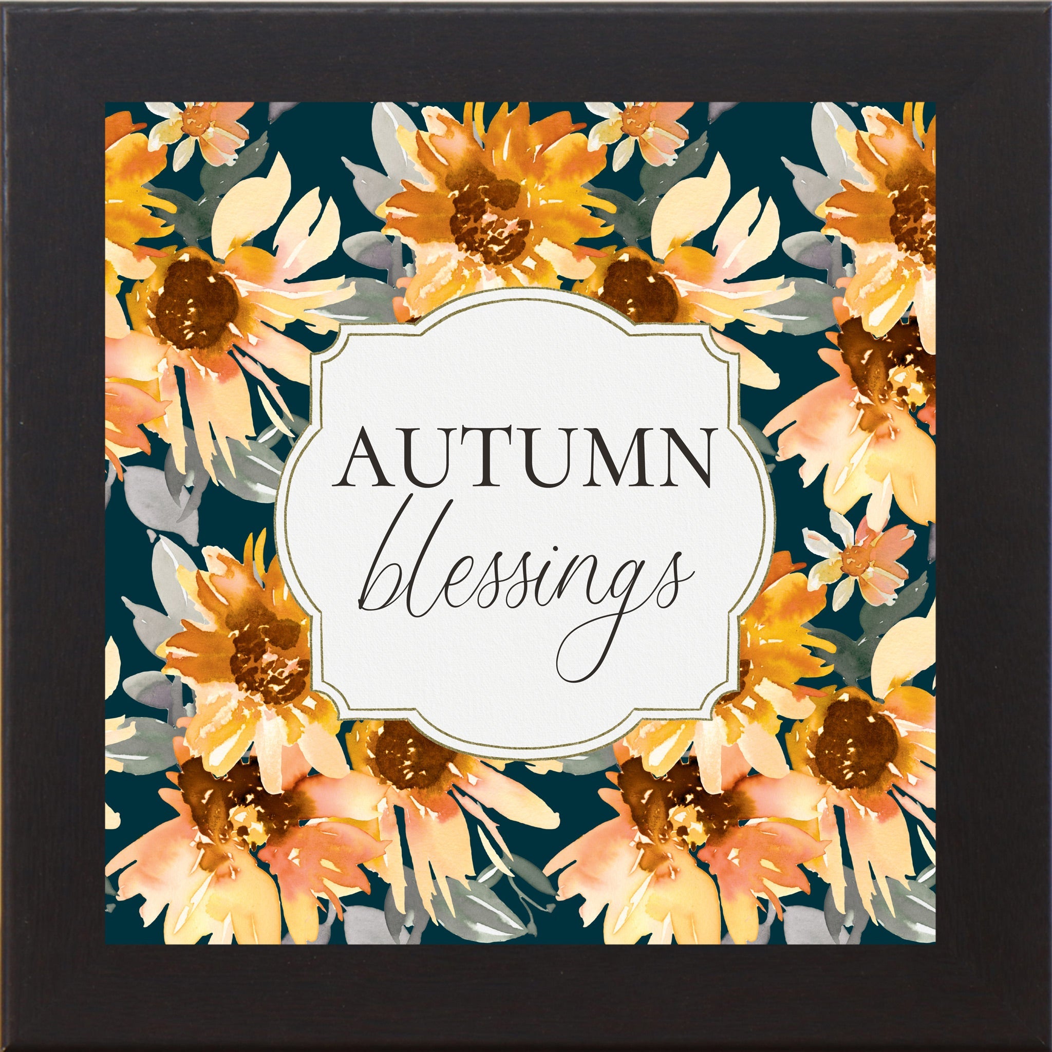 Autumn Blessings Wall Art – Navy Sunflower Fall Floral Square Farmhouse Framed Decor (SB307)