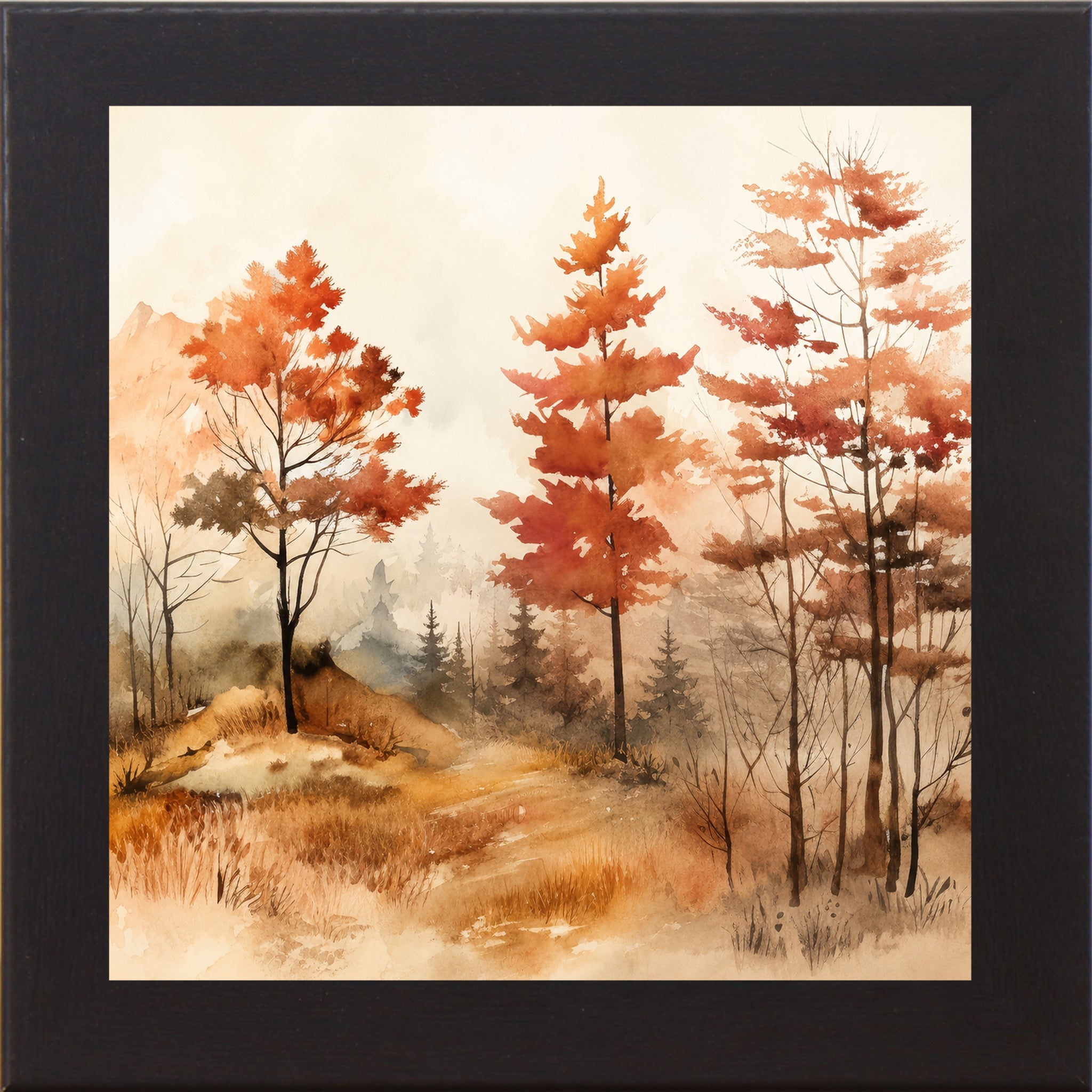 Autumn Watercolor Forest Wall Art – Fall Landscape Square Fine Art Decor (SB304)