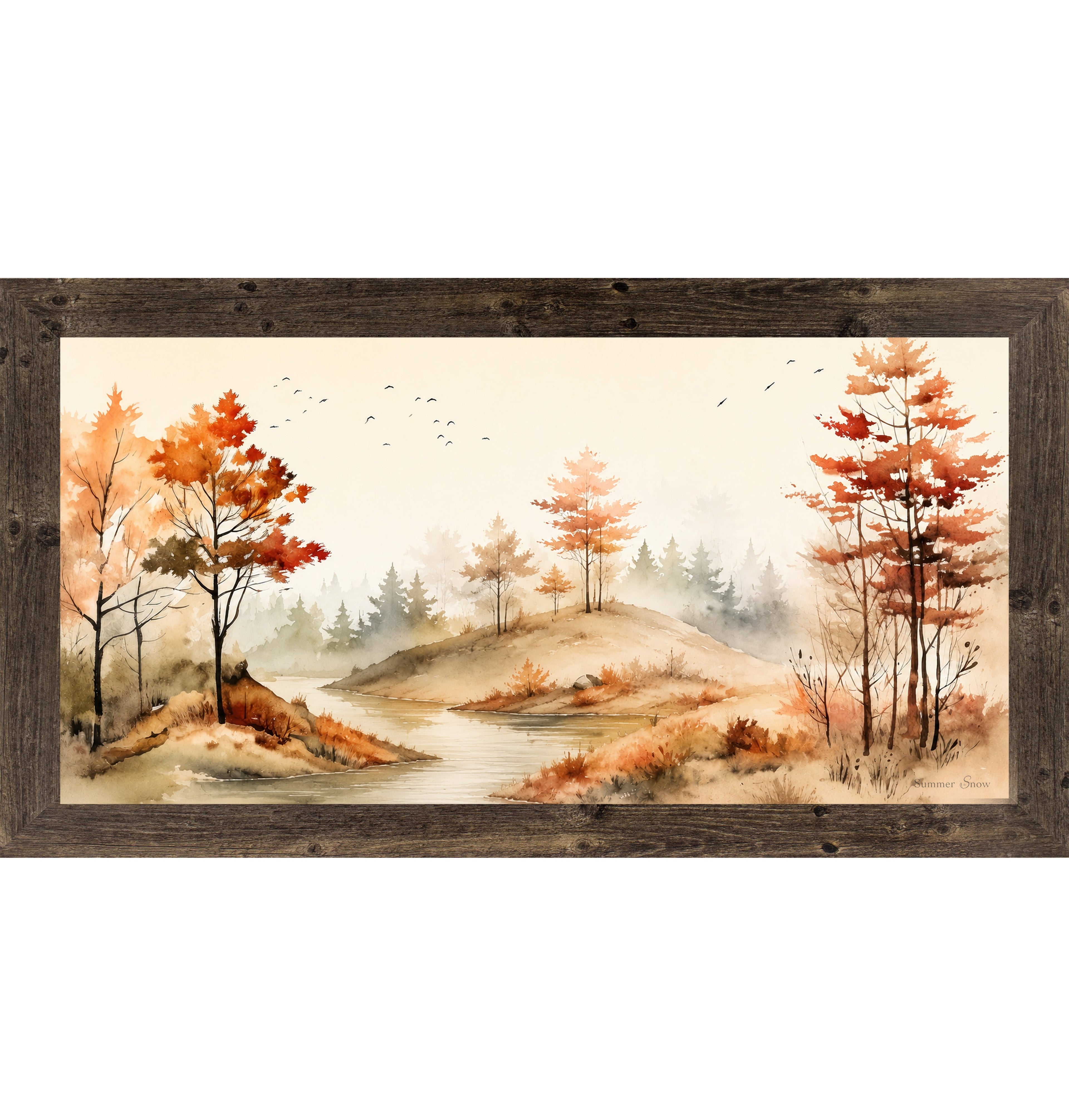 Autumn River Landscape Wall Art – Watercolor Fall Scenic Wide Landscape Farmhouse Decor (SB764)