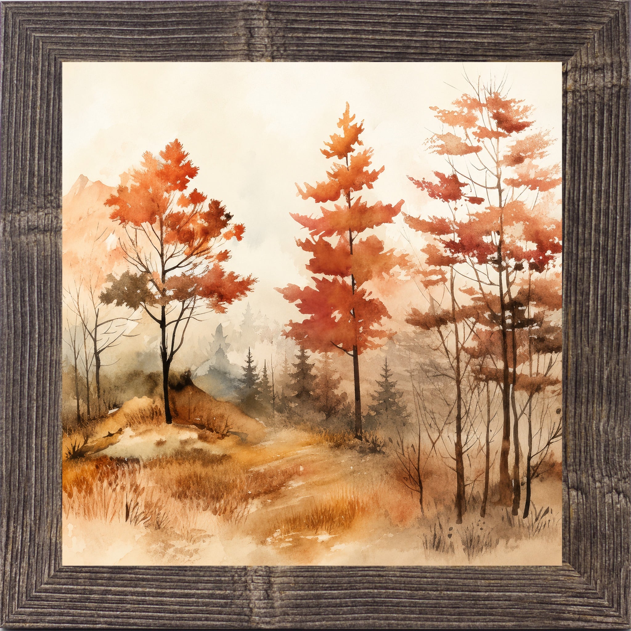 Autumn Watercolor Forest Wall Art – Fall Landscape Square Fine Art Decor (SB304)