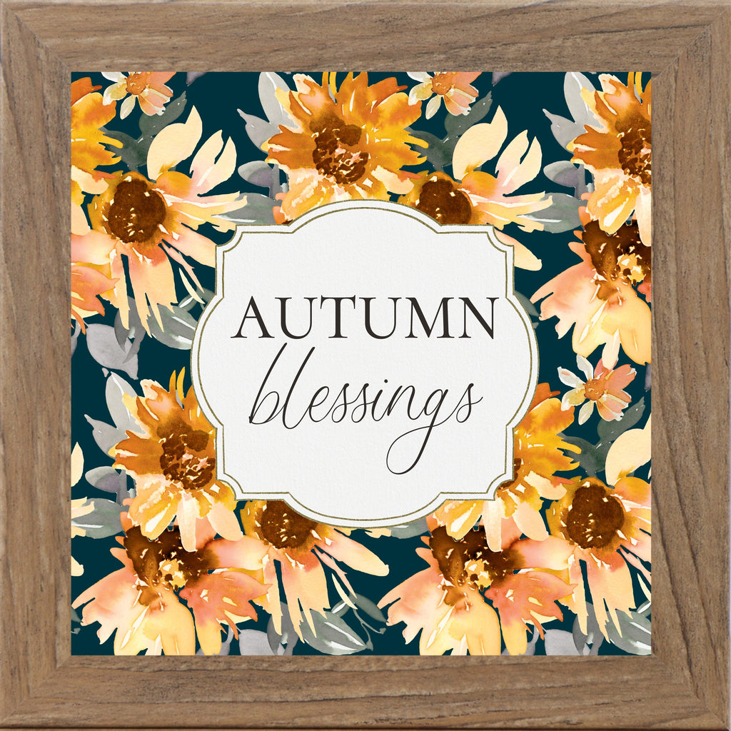 Autumn Blessings Wall Art – Navy Sunflower Fall Floral Square Farmhouse Framed Decor (SB307)