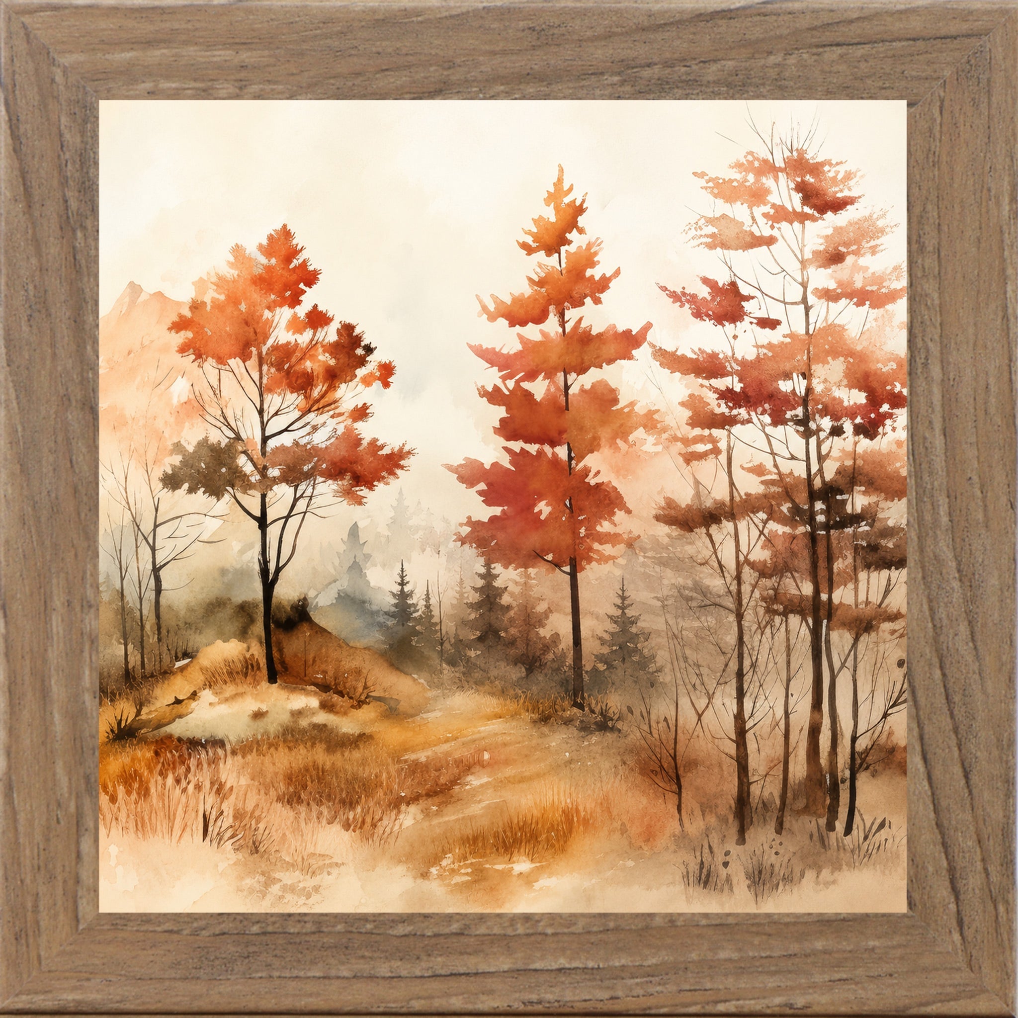 Autumn Watercolor Forest Wall Art – Fall Landscape Square Fine Art Decor (SB304)