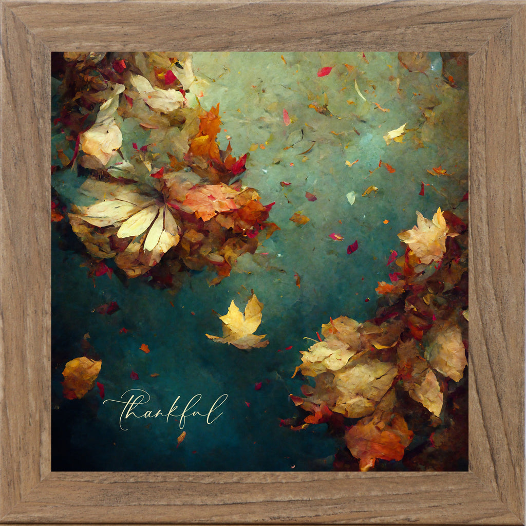 Thankful Fall Wall Art – Teal Watercolor Autumn Leaves Square Farmhouse Decor (SB306)