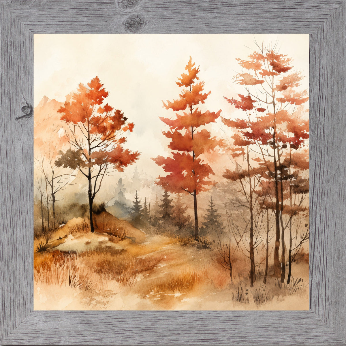 Autumn Watercolor Forest Wall Art – Fall Landscape Square Fine Art Decor (SB304)