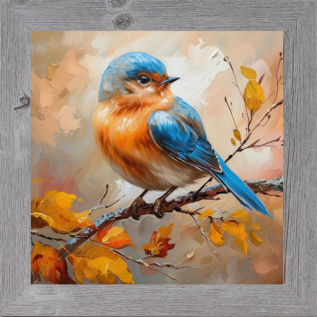 Bluebird Wall Art – Oil Painted Autumn Bird on Branch No Words Fall Nature Decor (NS27)