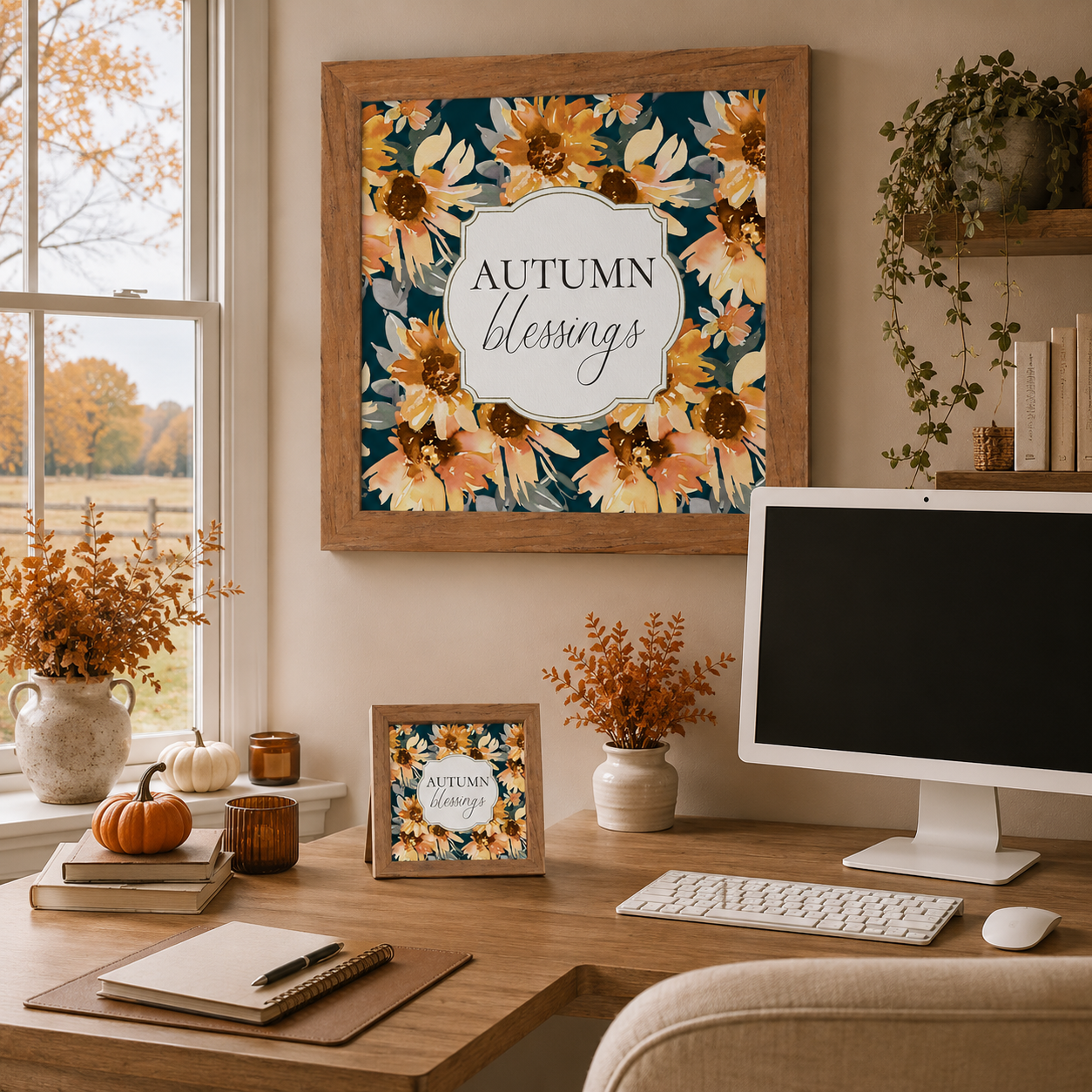 Autumn Blessings Wall Art – Navy Sunflower Fall Floral Square Farmhouse Framed Decor (SB307)