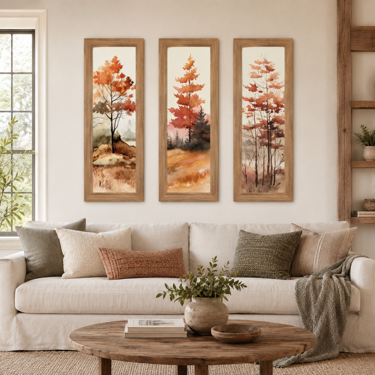 Autumn Pine Watercolor Wall Art – Bold Fall Tree Narrow Portrait Decor (SB941)