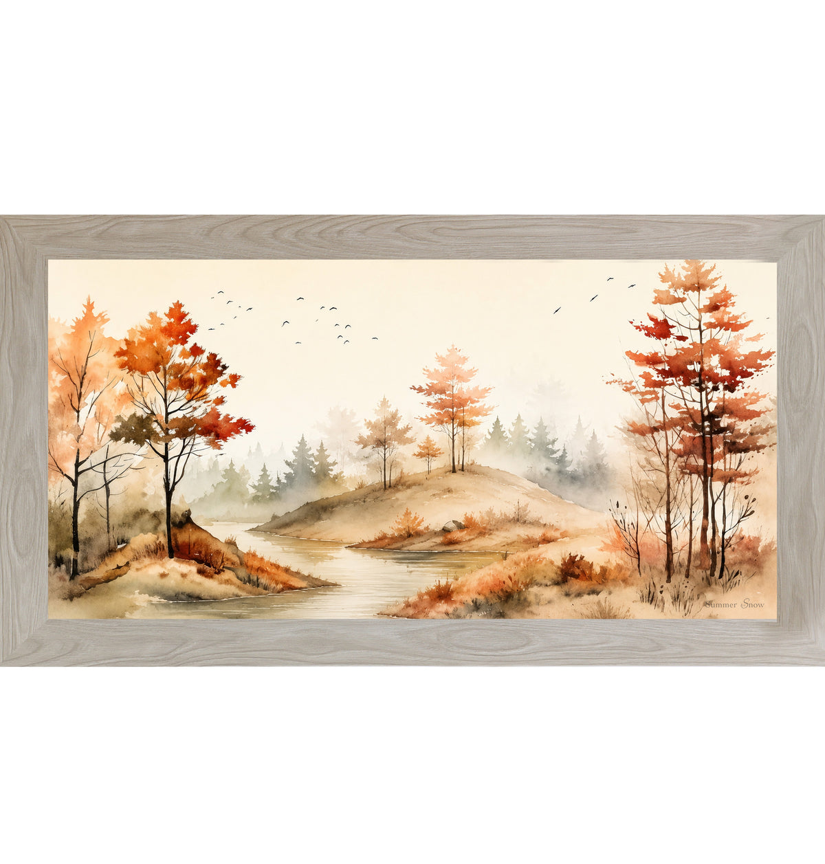 Autumn River Landscape Wall Art – Watercolor Fall Scenic Wide Landscape Farmhouse Decor (SB764)