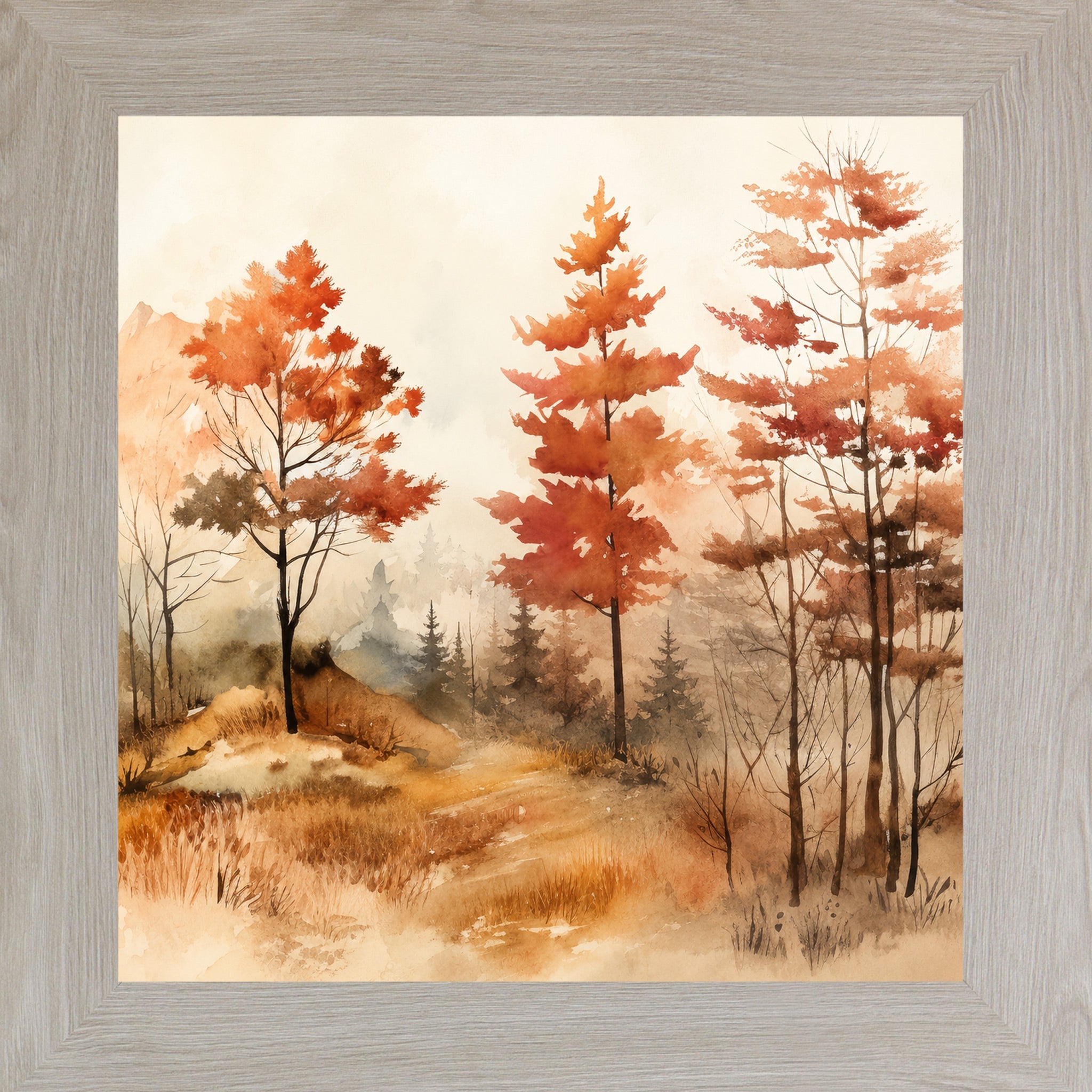 Autumn Watercolor Forest Wall Art – Fall Landscape Square Fine Art Decor (SB304)