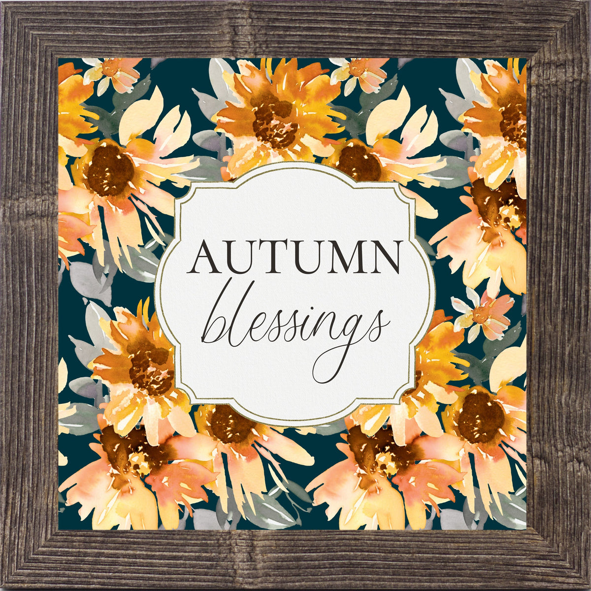 Autumn Blessings Wall Art – Navy Sunflower Fall Floral Square Farmhouse Framed Decor (SB307)
