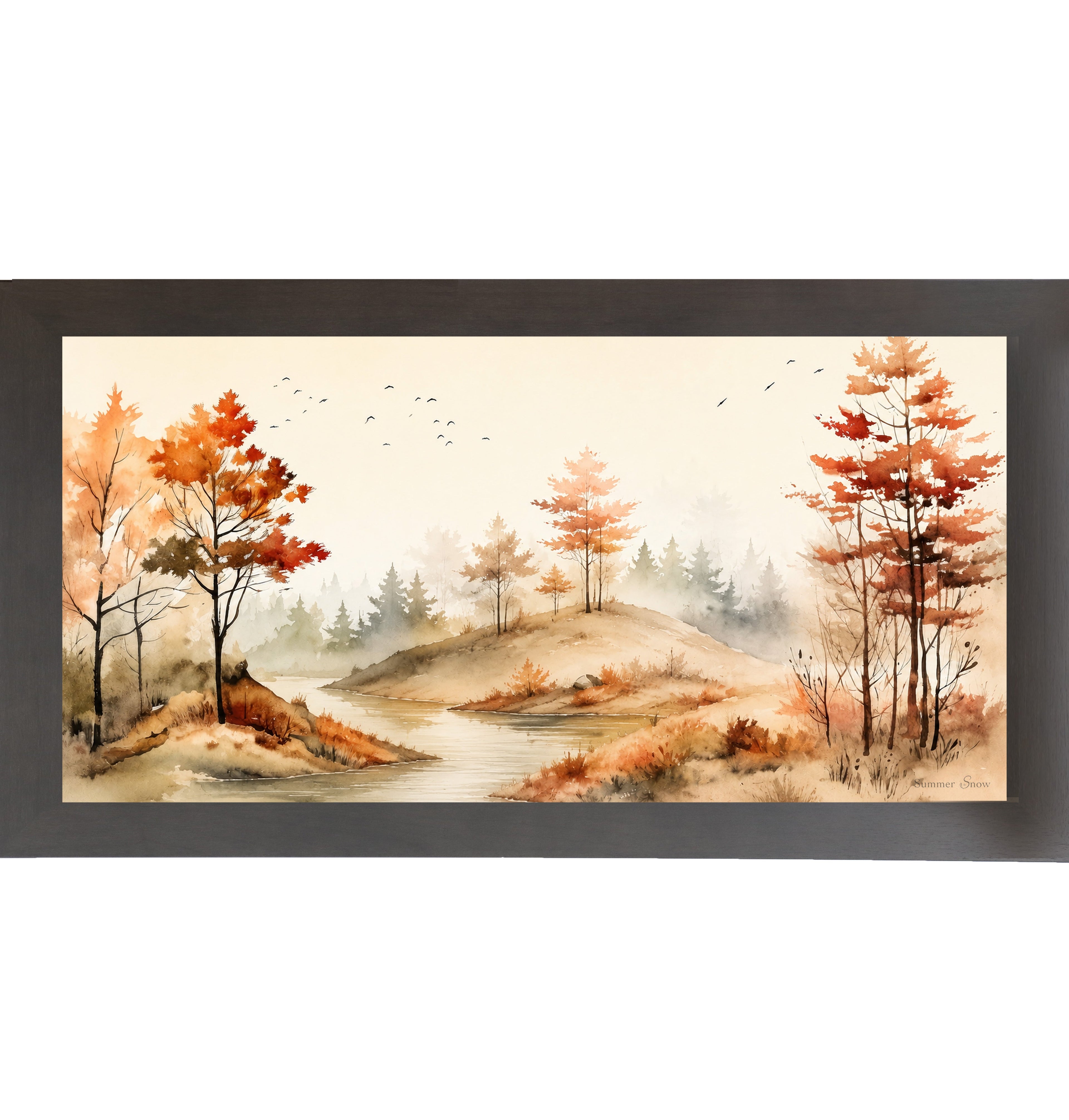 Autumn River Landscape Wall Art – Watercolor Fall Scenic Wide Landscape Farmhouse Decor (SB764)