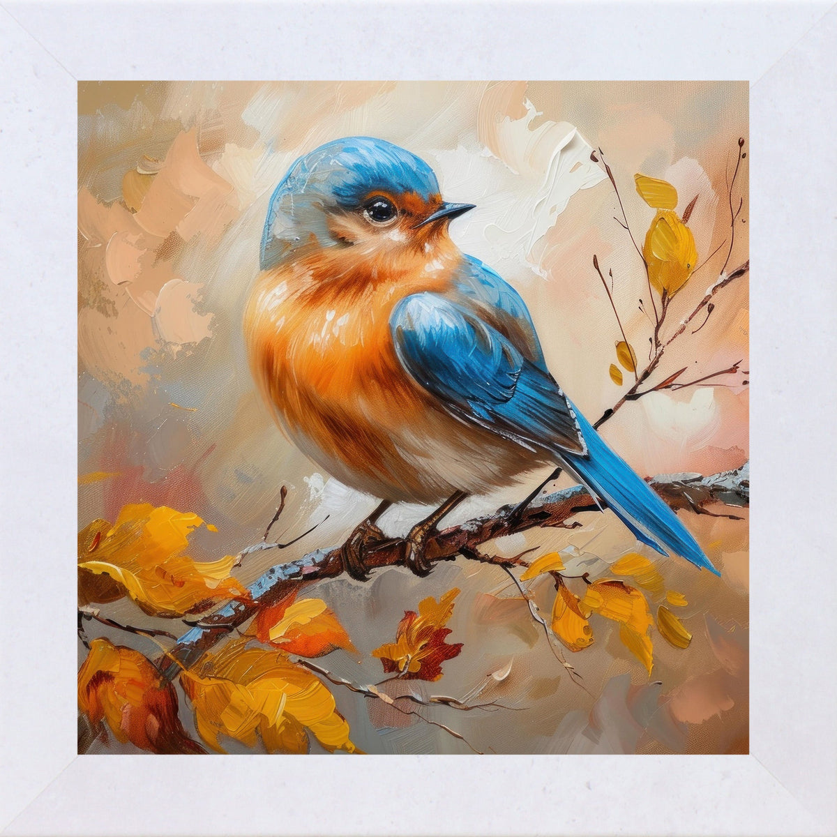 Bluebird Wall Art – Oil Painted Autumn Bird on Branch No Words Fall Nature Decor (NS27)