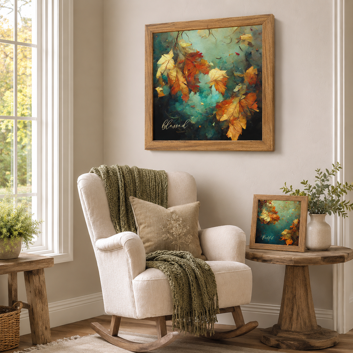 Thankful Fall Wall Art – Teal Watercolor Autumn Leaves Square Farmhouse Decor (SB306)