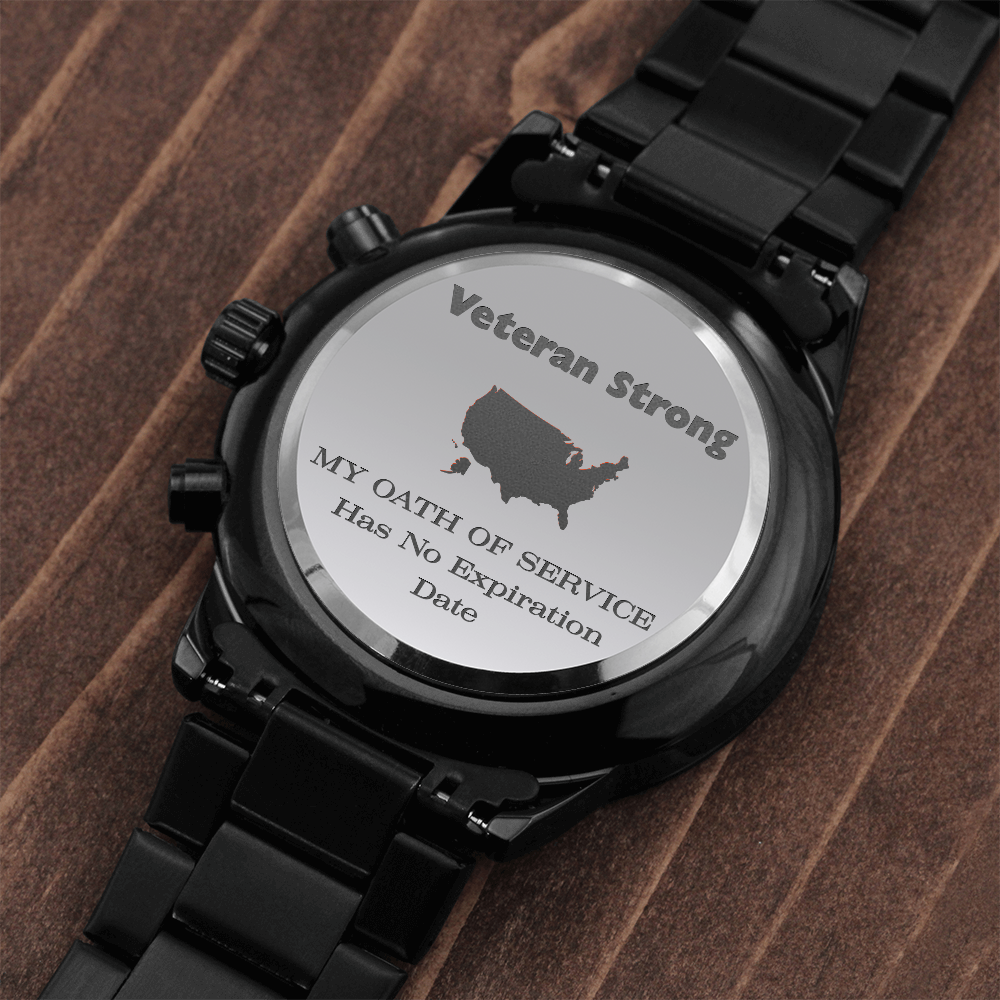 Veteran Strong™ Black Chronograph Watch – Engraved Military Tribute