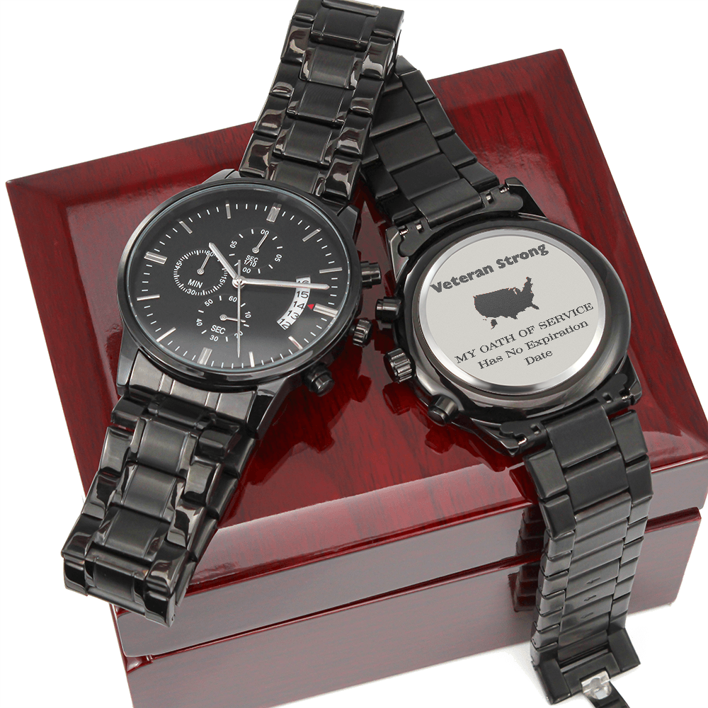 Veteran Strong™ Black Chronograph Watch – Engraved Military Tribute