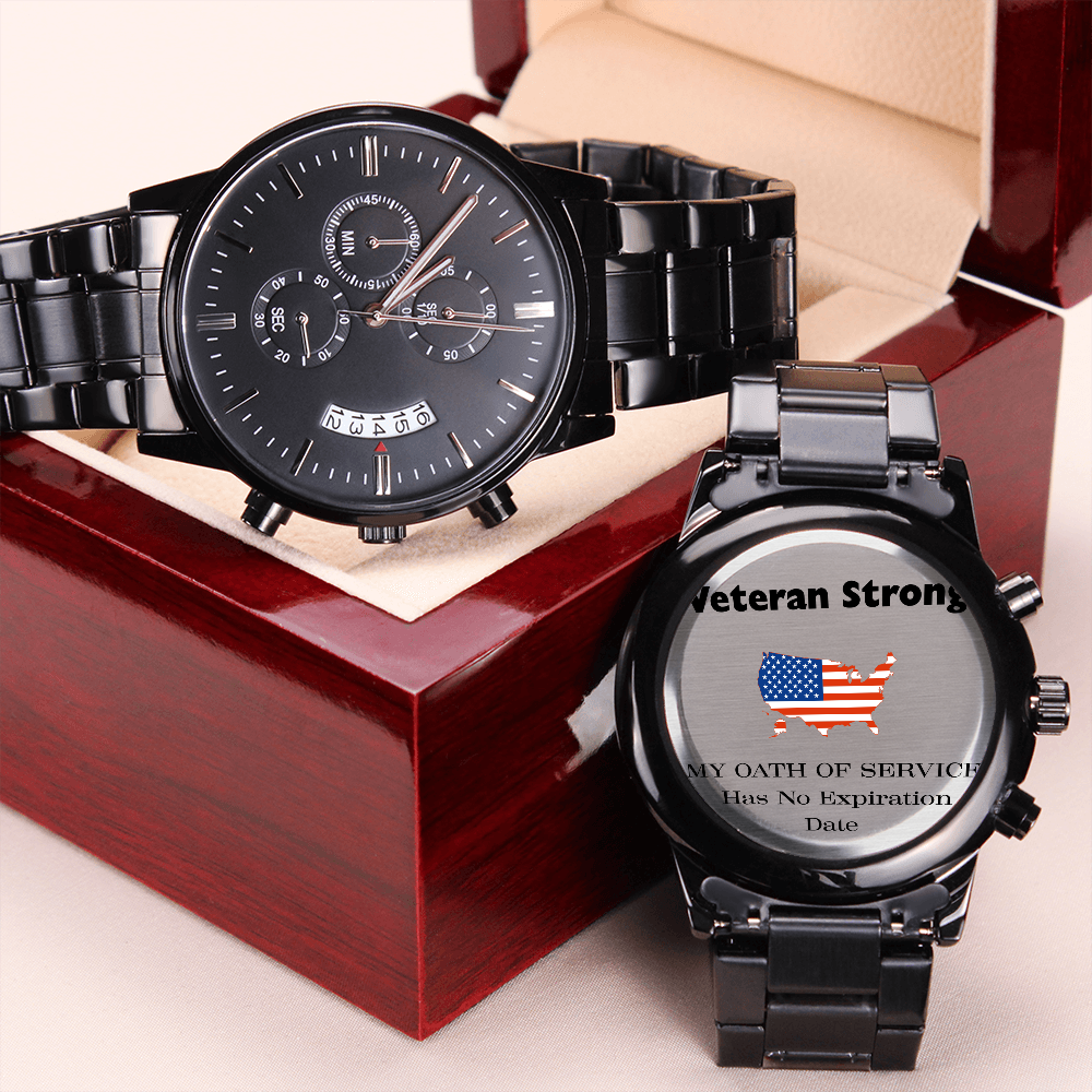 Veteran Strong™ Black Chronograph Watch – Engraved Military Tribute