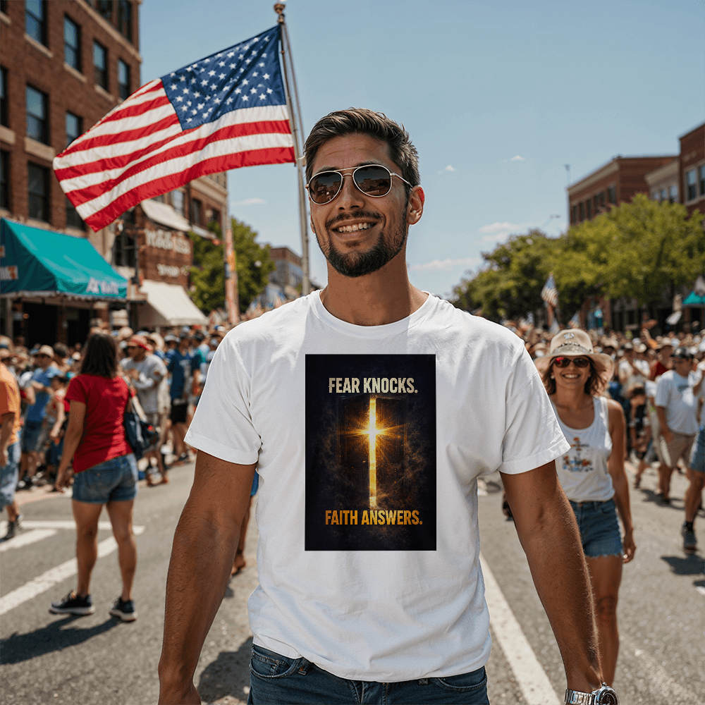 Fear Knocks. Faith Answers. Christian T-Shirt