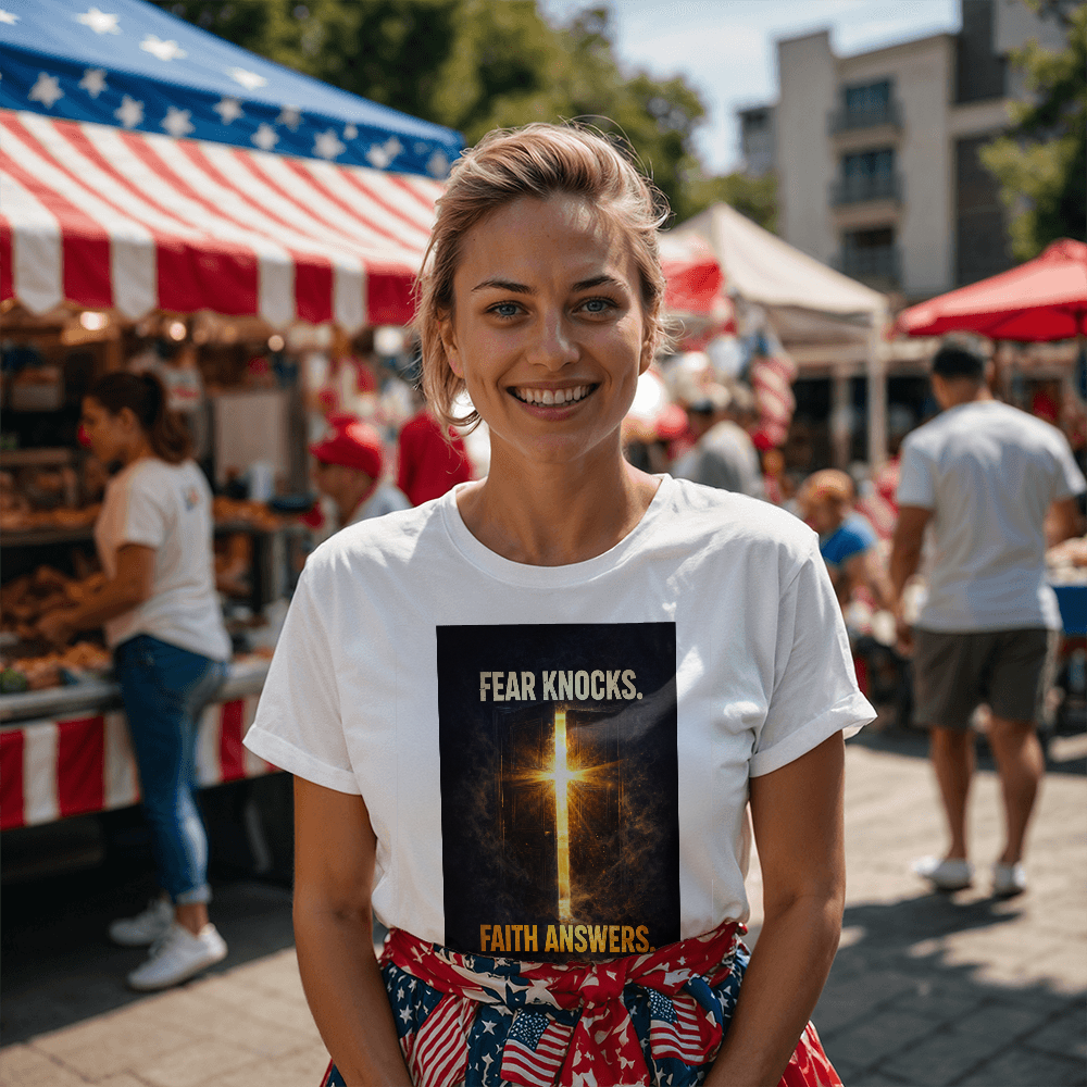 Fear Knocks. Faith Answers. Christian T-Shirt
