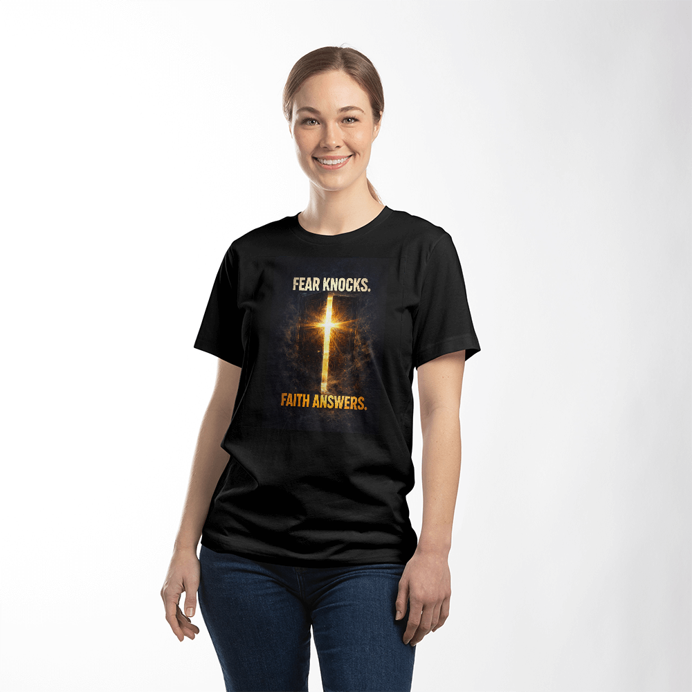 Fear Knocks. Faith Answers. Christian T-Shirt