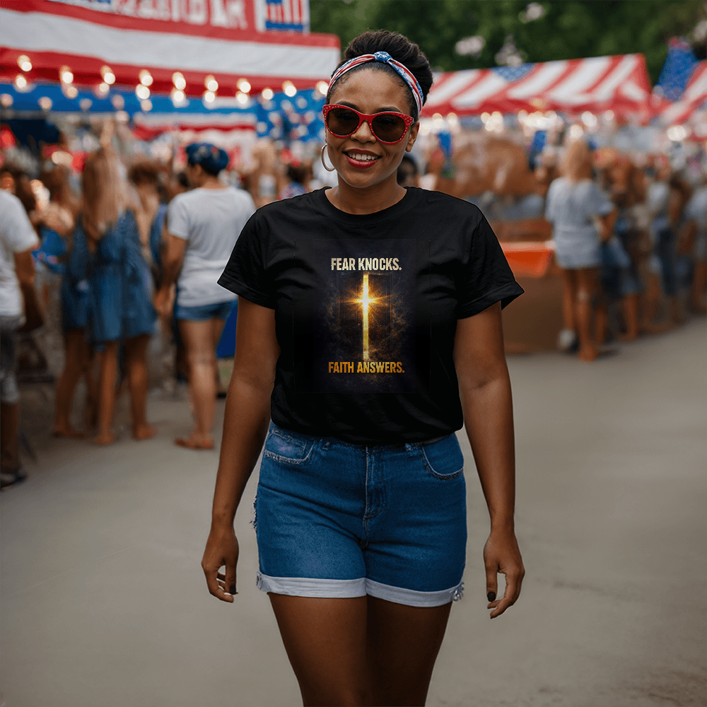 Fear Knocks. Faith Answers. Christian T-Shirt