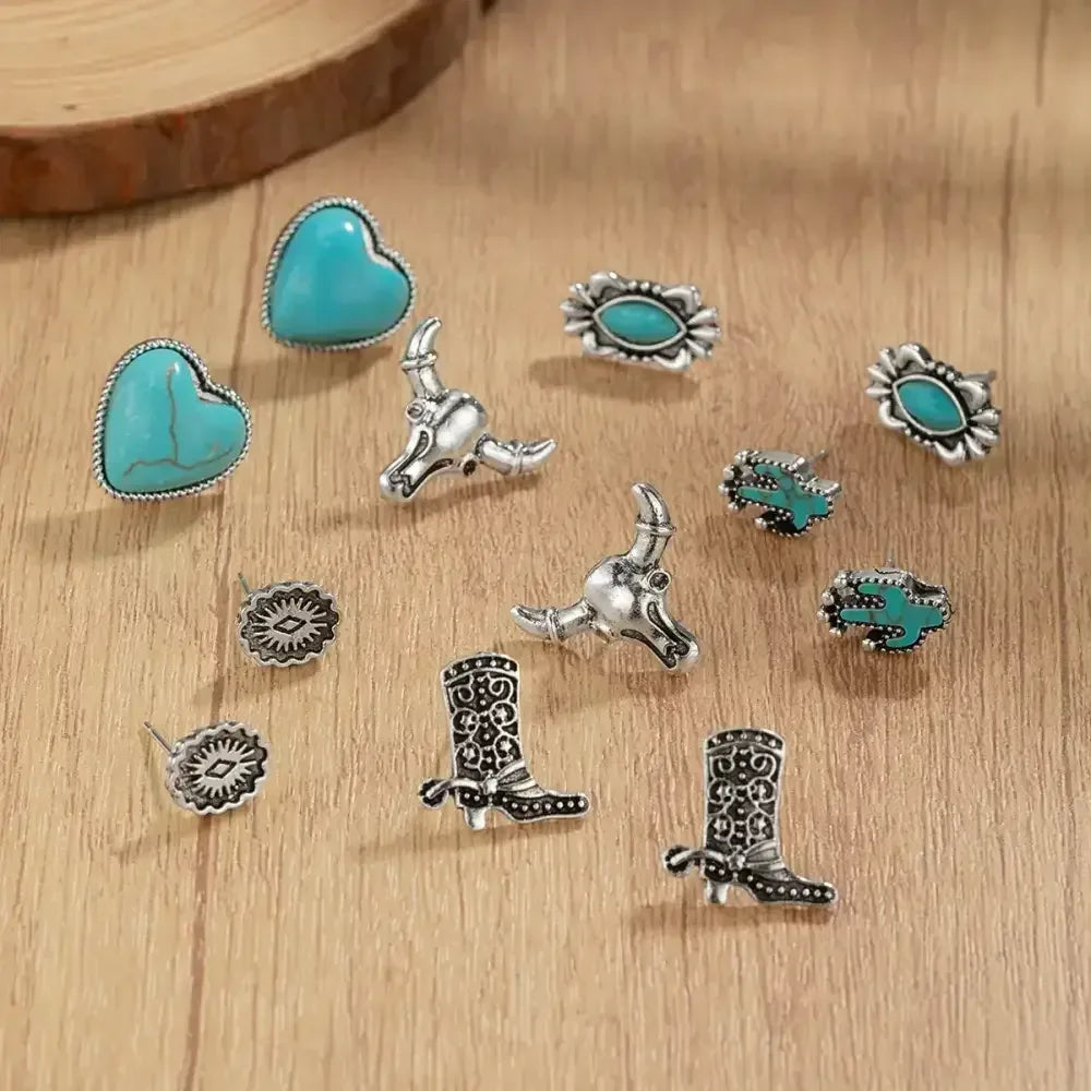Western Turquoise Earrings, Cowgirl Jewelry, Earrings for Women, 6 pair