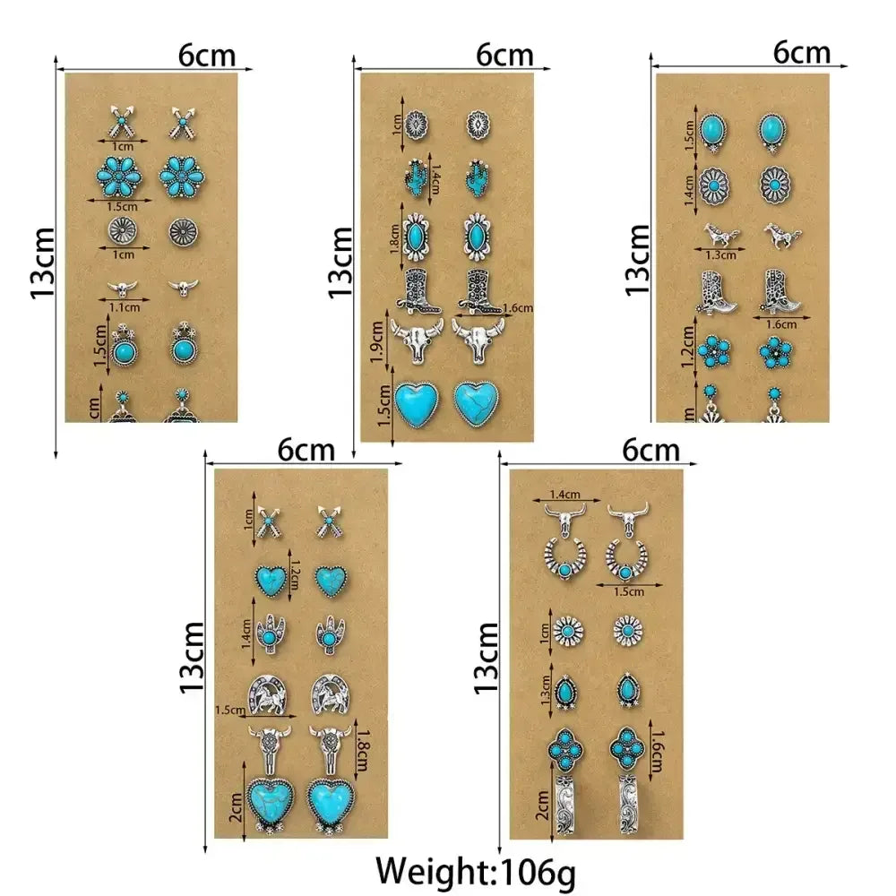Western Turquoise Earrings, Cowgirl Jewelry, Earrings for Women, 6 pair