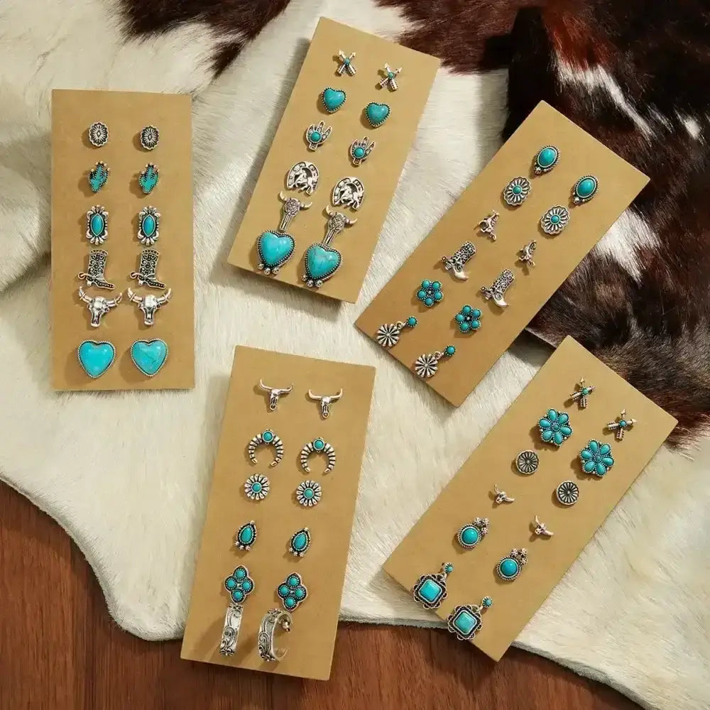 Western Turquoise Earrings, Cowgirl Jewelry, Earrings for Women, 6 pair