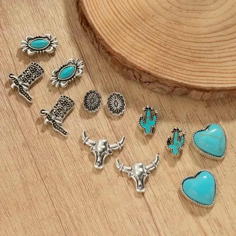Western Turquoise Earrings, Cowgirl Jewelry, Earrings for Women, 6 pair