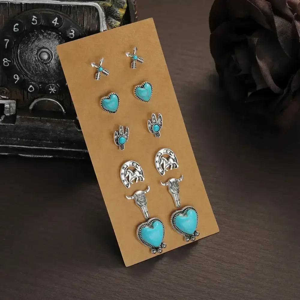 Western Turquoise Earrings, Cowgirl Jewelry, Earrings for Women, 6 pair