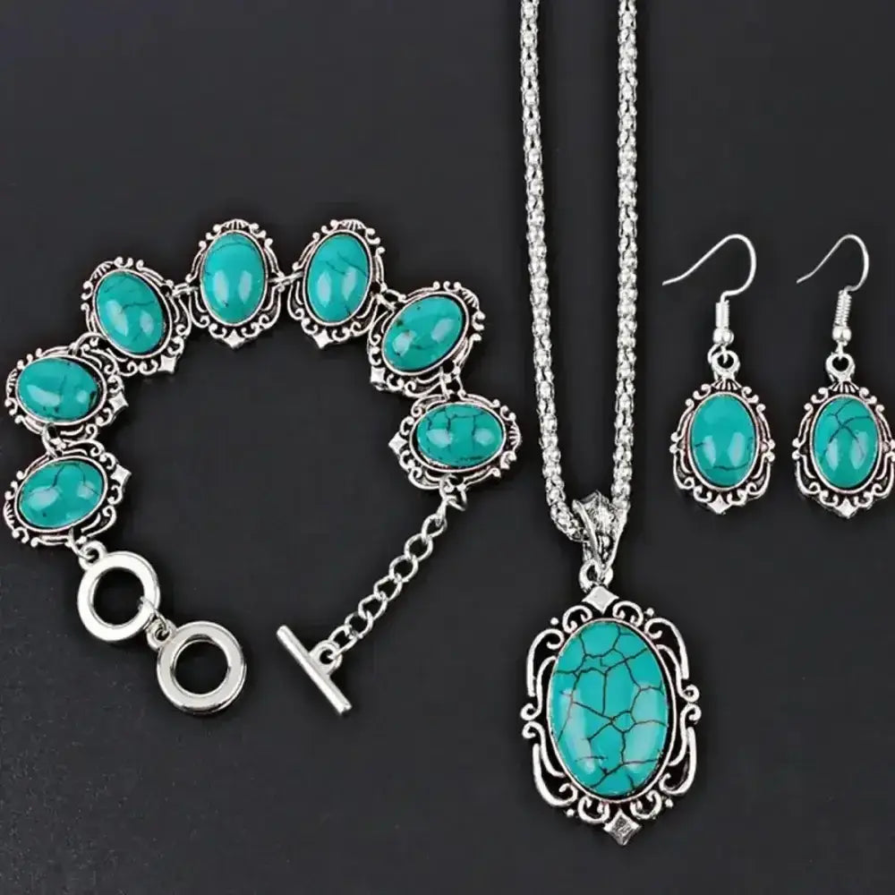 Western Vintage Turquoise Bracelet Necklace Earrings Set, 3pcs Set