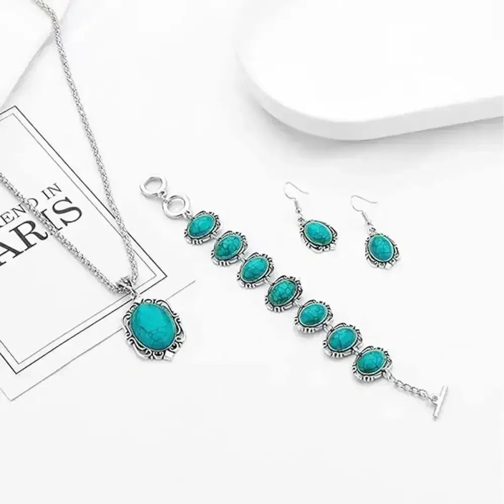 Western Vintage Turquoise Bracelet Necklace Earrings Set, 3pcs Set